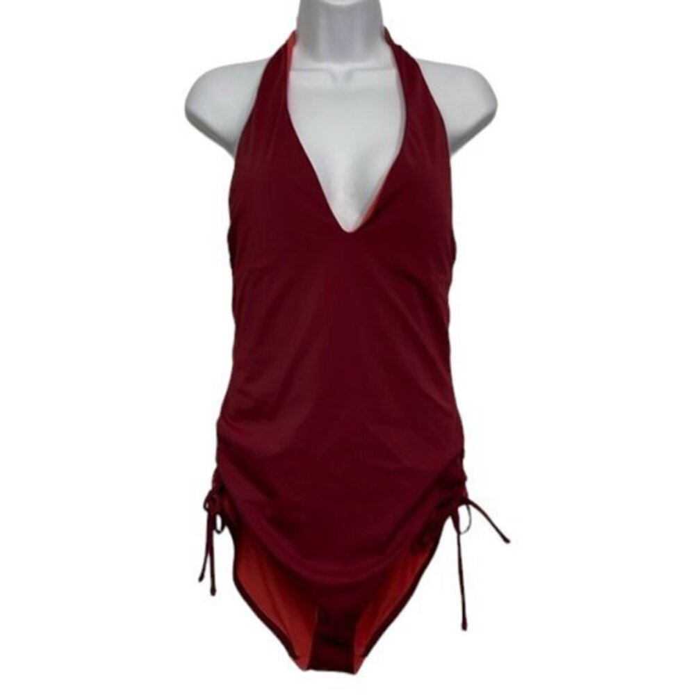 Women’s LOFT Beach Maroon Side Tie Halter V-Neck Swimsuit Size 12 EUC #1925